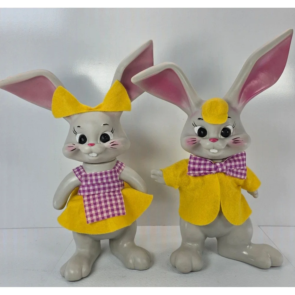 Vintage Roy Des of Florida Easter Bunny Pair Gray Yellow Felt Outfits 1969 VTG